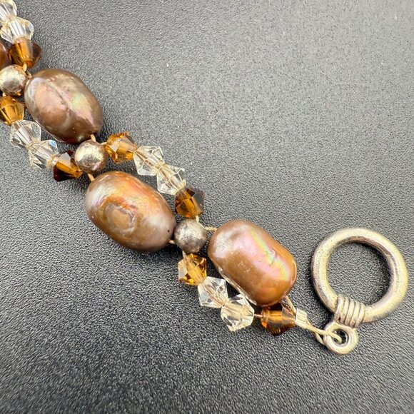 Freshwater Pearl & Crystal Double-Strand Toggle Bracelet With Metallic & Amber T - Picture 2 of 7